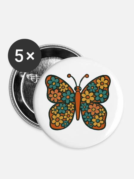 Schmetterling mit Blumenmuster - Buttons groß 56 mm (5er Pack) - Weiß