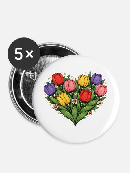 Regenbogen-Tulpen-Herzstrauß - Buttons groß 56 mm (5er Pack) - Weiß