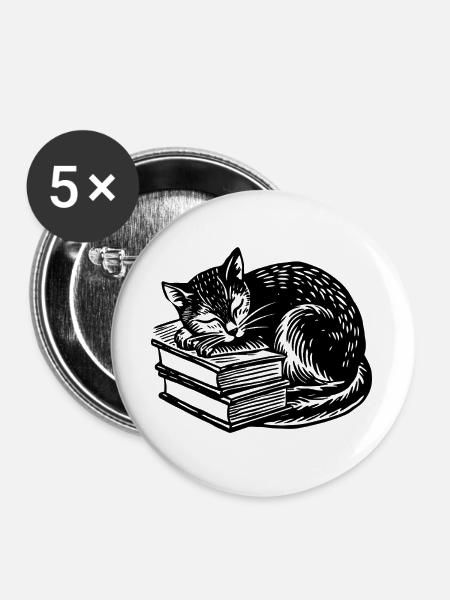 Katze schläft auf Buch - Buttons groß 56 mm (5er Pack) - Weiß