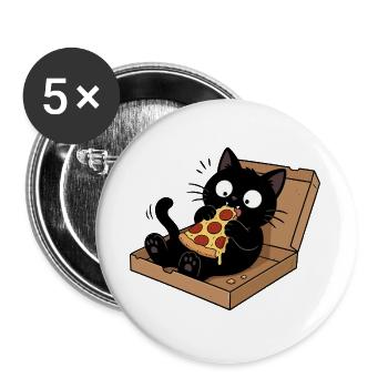 Schwarze Katze genießt Pizza - Buttons groß 56 mm (5er Pack) - Weiß - Vorne
