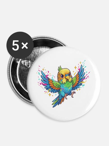 Bunter Wellensittich Farbtaumel - Buttons groß 56 mm (5er Pack) - Weiß