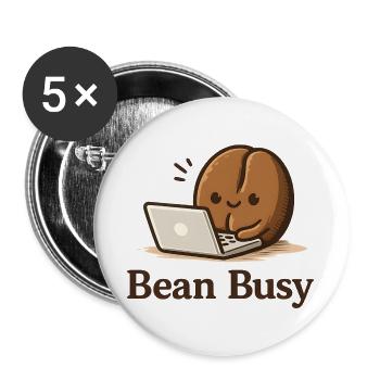 Bean Busy - Niedlich Kaffeebohne am Laptop Cafe - Buttons groß 56 mm (5er Pack) - Weiß - Vorne