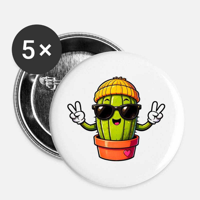 Cool Peace Sign Cactus in Beanie and Sunglasses - Buttons large 2.2''/56 mm (5-pack) - white