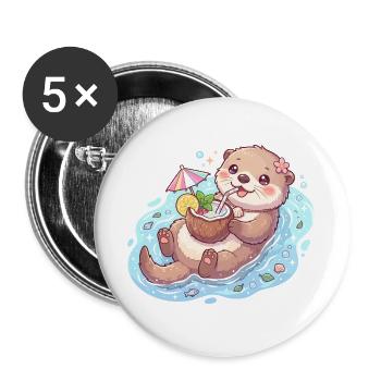 Cute Kawaii Otter Floating with Coconut Drink - Buttons large 2.2''/56 mm (5-pack) - white - Front