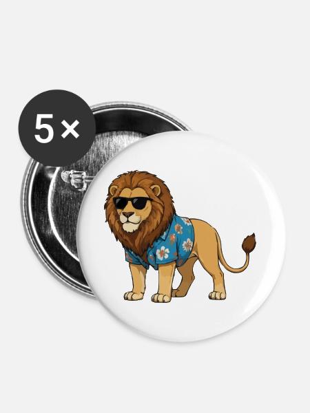 Löwe im Hawaii-Outfit - Buttons groß 56 mm (5er Pack) - Weiß