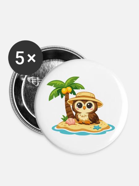Eule im Inselparadies mit Strohhut - Buttons groß 56 mm (5er Pack) - Weiß