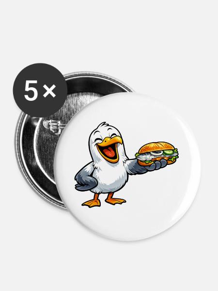 Möwe mit Fisch - Buttons groß 56 mm (5er Pack) - Weiß