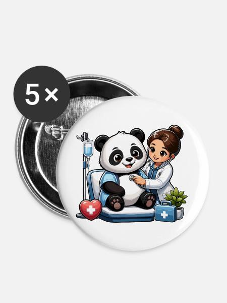 Panda Patient Arztbesuch - Buttons groß 56 mm (5er Pack) - Weiß