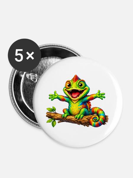 Lustiges Chamäleon - Buttons groß 56 mm (5er Pack) - Weiß