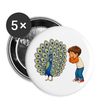 Junge staunt über prächtigen Pfau mit Federpracht - Buttons groß 56 mm (5er Pack) - Weiß - Vorne