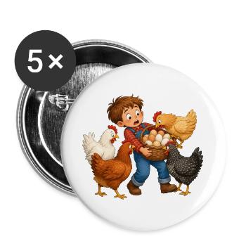 Junge sammelt Eier bei neugierigen Hofhühnern - Buttons groß 56 mm (5er Pack) - Weiß - Vorne