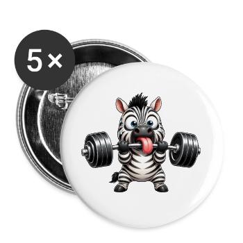Zebra mit Hantel Comic Bodybuilding Cartoon - Buttons groß 56 mm (5er Pack) - Weiß - Vorne