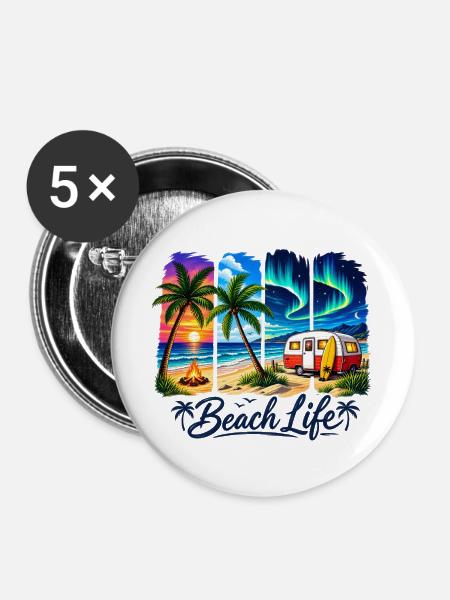 Strandleben: Sonnenuntergang & Camper - Buttons groß 56 mm (5er Pack) - Weiß