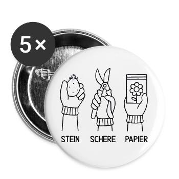 Garten Geschenk Hobbygärtner Stein Schere Papier - Buttons groß 56 mm (5er Pack) - Weiß - Vorne