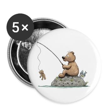 Angler Bär Lustiges Angeln & Petri Heil Motiv - Buttons groß 56 mm (5er Pack) - Weiß - Vorne