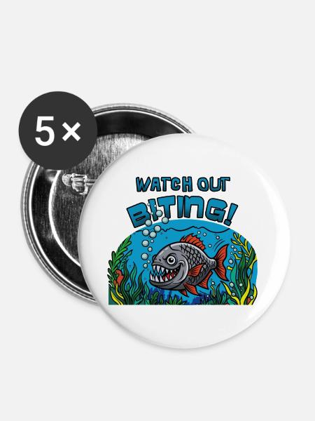 Watch Out Biting: Piranha - Buttons groß 56 mm (5er Pack) - Weiß