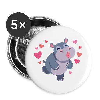 Herziger Hippo mit Herzen und Kussmund - Buttons groß 56 mm (5er Pack) - Weiß - Vorne