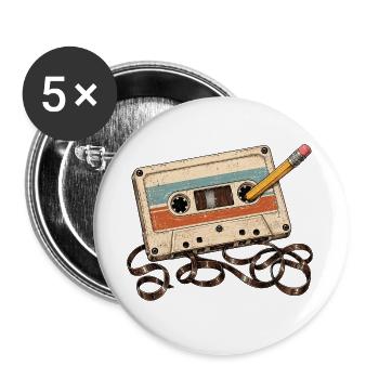 Retro-Kassette und Bleistift Vintage, 80er, 90er, - Buttons groß 56 mm (5er Pack) - Weiß - Vorne