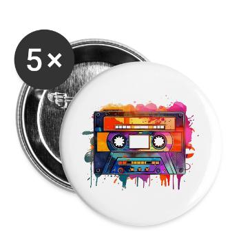 Retro-Kassetten-Audioband Vintage, 70er, 80er, 90er, - Buttons groß 56 mm (5er Pack) - Weiß - Vorne