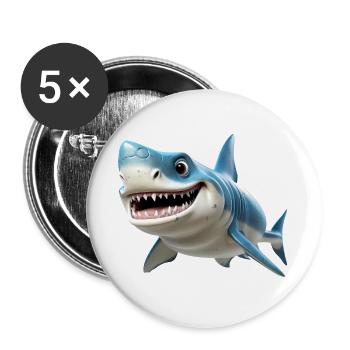 Blauer Cartoonhai mit Lächeln - Buttons groß 56 mm (5er Pack) - Weiß - Vorne