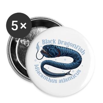 Tiefsee Monster - Schwarzer Drachenfisch - Buttons groß 56 mm (5er Pack) - Weiß - Vorne