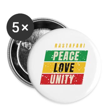 Rastafari Peace Love Unity – Rot Gold Grün - Buttons groß 56 mm (5er Pack) - Weiß - Vorne