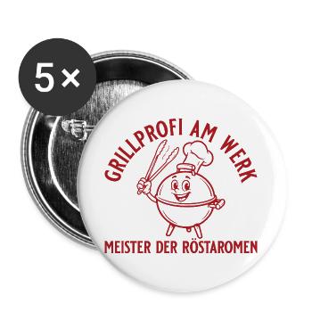 Grillprofi am Werk Retro BBQ Grill Geschenkidee - Buttons groß 56 mm (5er Pack) - Weiß - Vorne