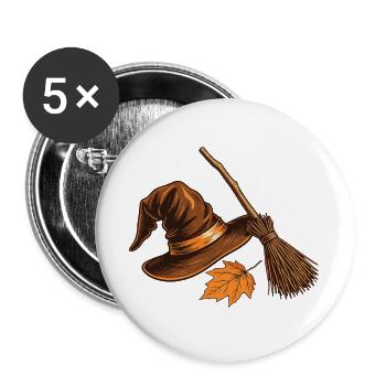Hexenhut und Herbstbesen - Buttons groß 56 mm (5er Pack) - Weiß - Vorne