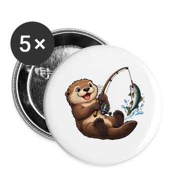 Seeotter beim Angeln – Lustiges Angelmotiv - Buttons groß 56 mm (5er Pack) - Weiß - Vorne