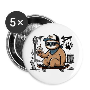Cooles Faultier auf Skateboard – Street Art - Buttons groß 56 mm (5er Pack) - Weiß - Vorne