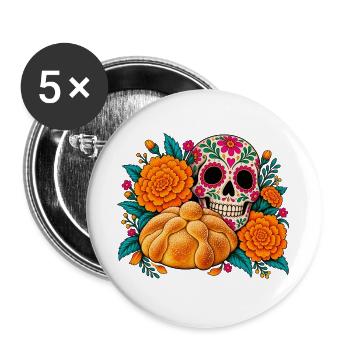 Dia De Los Muertos Opfergaben-Skelett - Buttons groß 56 mm (5er Pack) - Weiß - Vorne