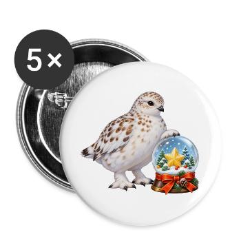 Schneehuhn mit festlicher Zuckerstern-Schneekugel - Buttons groß 56 mm (5er Pack) - Weiß - Vorne
