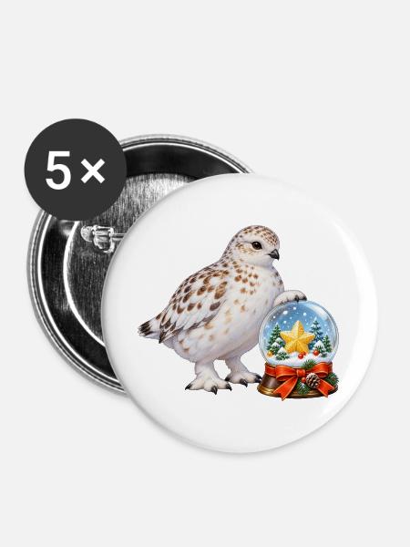 Schneehuhn mit festlicher Zuckerstern-Schneekugel - Buttons groß 56 mm (5er Pack) - Weiß