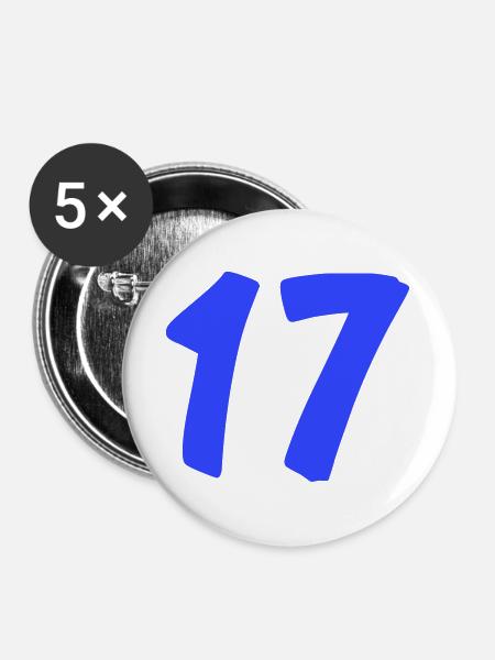 Zahl 17 in leuchtendem Blau - Buttons groß 56 mm (5er Pack) - Weiß