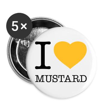 I LOVE MUSTARD Senf Wurst - Buttons groß 56 mm (5er Pack) - Weiß - Vorne