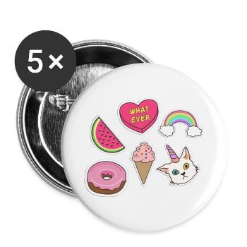 Emojis - Katze, Regenbogen, Wassermelone, Eiscrem - Buttons groß 56 mm (5er Pack) - Weiß - Vorne