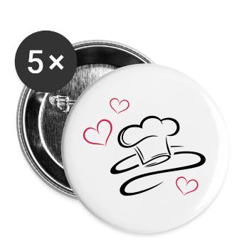 Koch, Kochmützen Logo mit drei Herzen. - Buttons groß 56 mm (5er Pack) - Weiß - Vorne