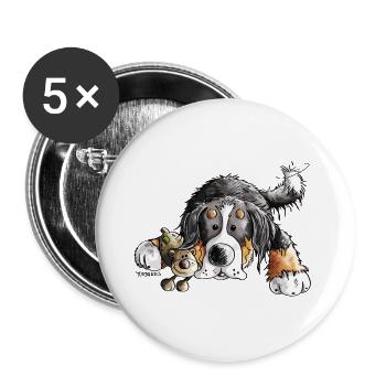 Berner Sennenhund knuddelt Teddy - Hund - Comic - Buttons groß 56 mm (5er Pack) - Weiß - Vorne