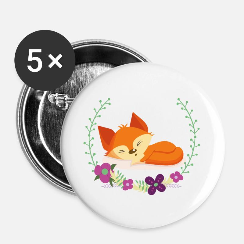 Sleeping fox in a circle of flowers - Buttons large 2.2''/56 mm (5-pack) - white