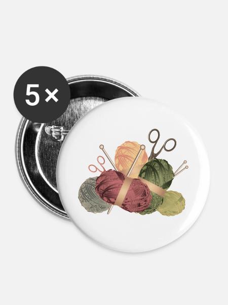 Wollknäuel & Stricknadeln mit Scheren - Buttons groß 56 mm (5er Pack) - Weiß