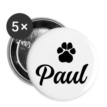 Nom du chien PAUL avec patte - Lot de 5 grands badges (56 mm) - blanc - Devant