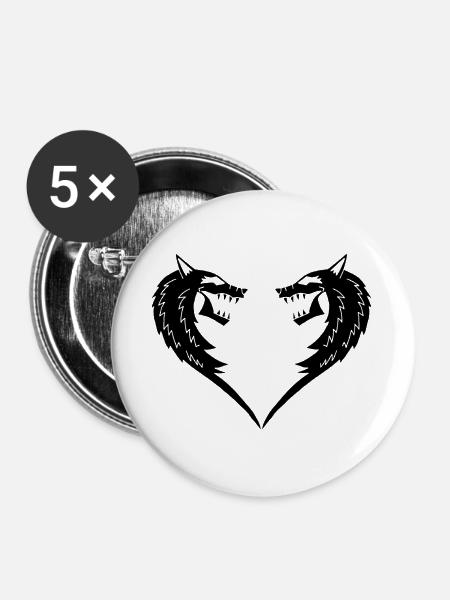 Schwarzes Wolfsherz - Buttons groß 56 mm (5er Pack) - Weiß