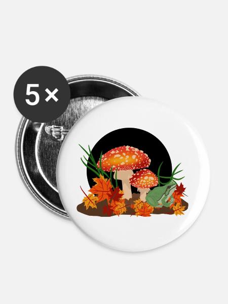 Pilze und Frosch - Buttons groß 56 mm (5er Pack) - Weiß