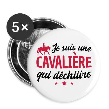 cavalière qui déchire / humour femme cheval - Lot de 5 grands badges (56 mm) - blanc - Devant