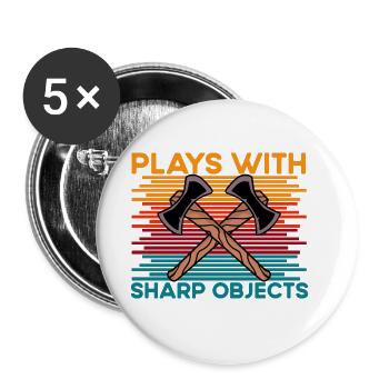 Axe Throwing plays with sharp objects funny saying - Buttons groß 56 mm (5er Pack) - Weiß - Vorne