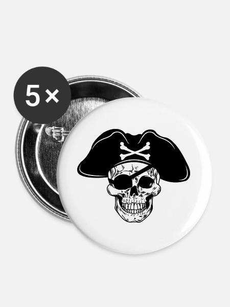 Totenkopf Piratenhut und Augenklappe - Buttons groß 56 mm (5er Pack) - Weiß