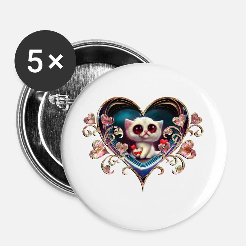 Valentinstag-Kätzchen - Buttons groß 56 mm (5er Pack) - Weiß
