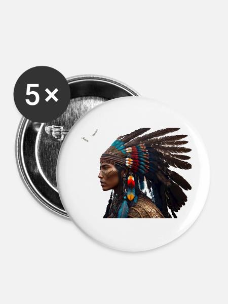 Indianer mit großem Kopfschmuck - Buttons groß 56 mm (5er Pack) - Weiß