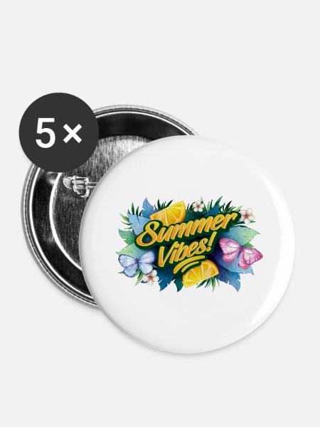 Schmetterlinge Blumen Sommer Urlaubszeit - Buttons groß 56 mm (5er Pack) - Weiß