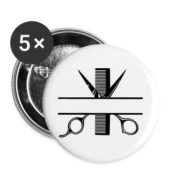 Texte bannière logo coiffeur, ciseaux avec peigne - Lot de 5 grands badges (56 mm) - blanc - Devant